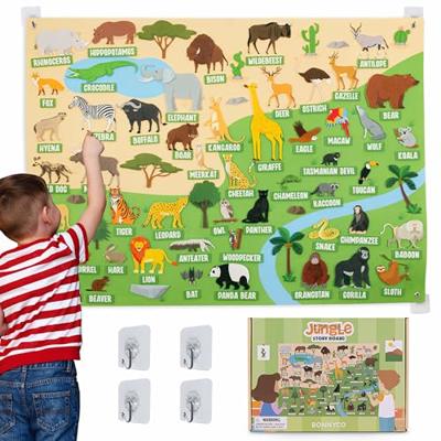 BONNYCO Felt Board for Toddlers with 116 Jungle Animals Figures. Montessori and Sensory Toys, Birthday Gifts for Kids 3-8 Years Old. Educational Games