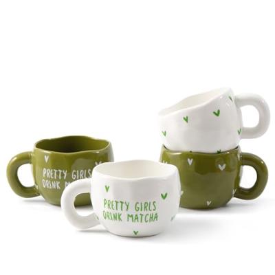 YumiPLUS 4pcs Ceramic Coffee Cups, 9.4OZ Cute Matcha Cup Set, Green & White, Dishwasher Safe Green Tea Mugs, Pretty Girls Collection
