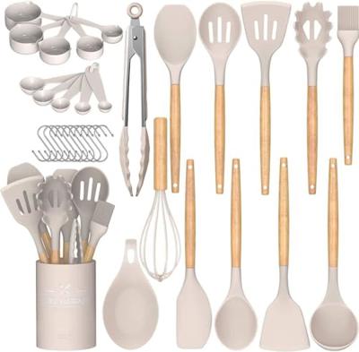 Umite Chef Kitchen Cooking Utensils Set, 33 pcs Non-Stick Silicone Cooking Kitchen Utensils Spatula Set with Holder, Wooden Handle Silicone Kitchen Ga