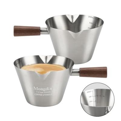 Mongdio 2 Pcs Espresso Measuring Cup, Stainless Steel Espresso Shot Cups with Wooden Handle and Double Spouts, 6.8OZ/200ML, Silver