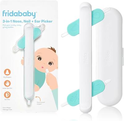 Frida Baby 3-in-1 Nose, Nail + Ear Picker | Baby Ear Cleaner + Baby Nose Cleaner and Nail Tool for Babies + Toddlers, Safely Clean Babys Bogies, Ear