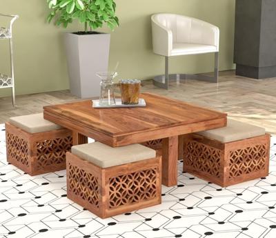 Solid Wooden Center Table with 4 Stool, Coffee Table with 4 Stool Set