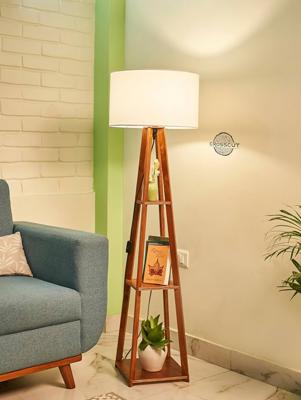 Crosscut Furniture Wooden Floor Lamp with Shelf (Cotton White).