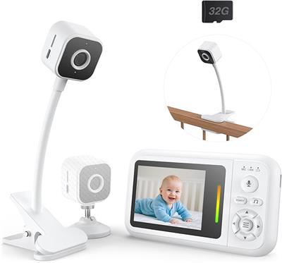Baby Monitor with Camera and Night Vision - 1080P HD Baby Camera Monitor with Cot Clip & Holder, No WiFi, Secure 2.4GHz, Cry Detection, 4X Zoom, Feedi