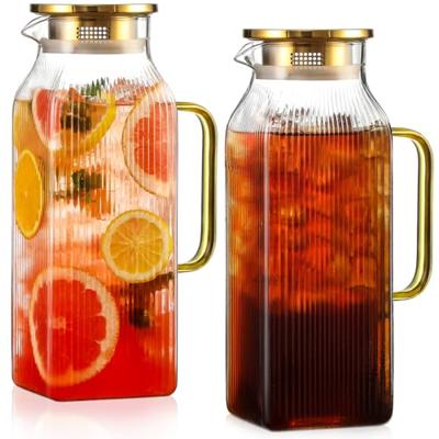 2 Pack 2 Liter/68 oz Square Glass Pitcher with Lid, Classic Stripes Water Pitchers with Handle for Fridge, Large Jug for Iced Tea, Coffee, Borosilicat