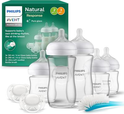 Philips Avent Natural Response Newborn Glass Gift Set - 5 x Baby Bottles, 2 x Philips Avent Ultra Soft Soother 0-6 Months, Bottle Brush, BPA Free (Mod