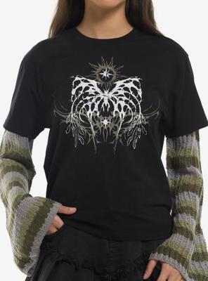 Thorn & Fable Cyber Moth Knit Sleeve Girls Twofer Top | Hot Topic