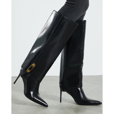 Black 2 In 1 High Leg Heeled Boots | River Island