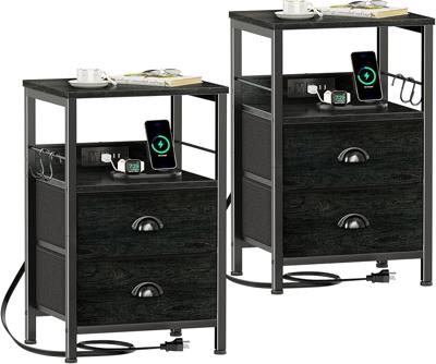 Amazon.com: Furologee Nightstand with Charging Station, Black Night Stand with 2 Fabric Drawers, Side Table with USB Ports, End Table with Storage She