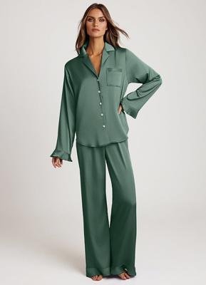 Eucalyptus Ruffled Satin Long Sleeve Pajama Set Robes | Azazie CA
