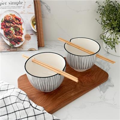 Set of 2 Kiri Noodle Bowls 5 with Chopsticks by Torre & Tagus - Black Lines