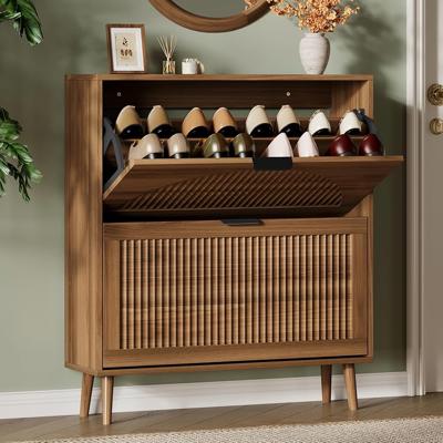 Amazon.com: Xixini Shoe Storage Cabinet with 2 Flip Drawers, 36 Tall Narrow Wood Fluted Shoe Organizer for Entryway, Freestanding Wooden Hidden Slim S