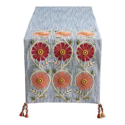 Chambray Blue Scrolling Floral Beaded Embroidered Table Runner - World Market
