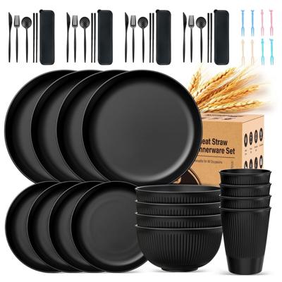 TINANA Wheat Straw Reusable Dinnerware Set, 48pcs Service for 4, Unbreakable Plates Bowls, Black - Walmart.com