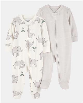 2-Pack Striped Elephant 2-Way Zip Cotton Sleep & Play Pajamas - Grey | Carters