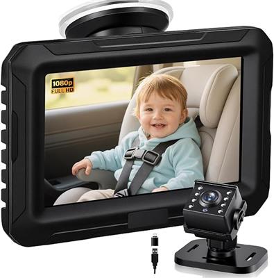 Zacro Baby Car Camera HD 1080P - Baby Car Mirror 4.3 Display for Rear Seat with Night Vision Function, Wide View Angle, Reusable Sucker Bracket, USB