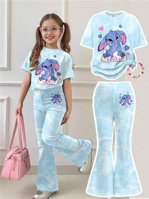 SHEIN 2pcs/Set Young Girl Casual Cute Cartoon Blue Rabbit Lulu, Stitch Pattern, Refreshing Sky Blue Tie-Dye Round Neck Short Sleeve T-Shirt And Flared