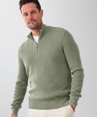 Cotton Waffle Half Zip Knit - Sage - knitwear - GAZMAN