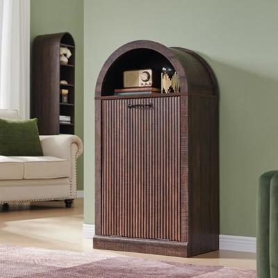 IFGET Arch Tilt-Out Trash Can Cabinet, Fluted Kitchen Trash Can 10 Gallon with Open Shelf, Modern Laundry Hamper Cabinet, Hidden Garbage Can with Stor