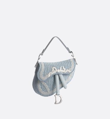 Small Saddle Bag with Strap Céleste Blue Dior Oblique Embroidery and White Lace | DIOR