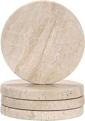 TOLIDA 4pcs 10 * 10cm Hexagonal Travertine Coasters with Soft Wood Pads - Natural Beige Marble Travertine Coasters, Travertine Stone Coasters for Drin