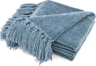 Amazon.com: RECYCO Chenille Throw Blanket for Couch, 50x60, Blue | Super Soft Knit Throw Blanket with Fringe Tassels, Lightweight Knitted Throw, Cozy