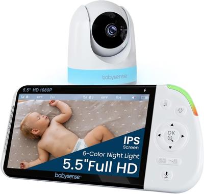 Babysense Full HD Split-Screen Baby Monitor with 1 PTZ Camera, Two-Way Talk, 6-Color Night Light, 5000mAh Battery, Long Range, 4x Zoom, and Crystal-Cl