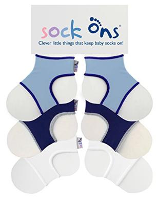 Sock Ons - Sock Holders - 0-6 Months - 3 Pack (1 x Baby Blue, 1 x Navy, 1 x White) - Amazing Value Pack - Keep Baby