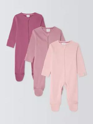 John Lewis Baby Zip Up Ribbed Cotton Sleepsuit, Pack of 3, Multi