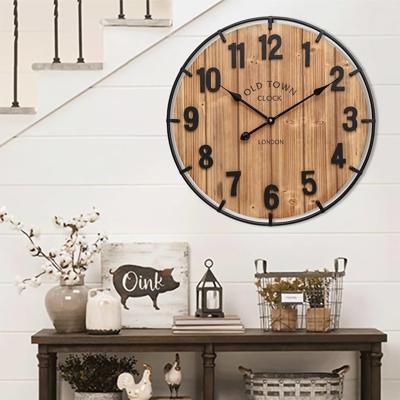 Amazon.com: Large Old Town Farmhouse Wall Clock – 24 Inches Rustic Antique Wood with Metal Circle and Large Numerals, Silent Battery Operated Clock fo