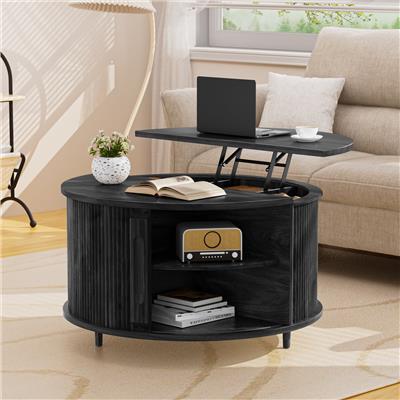 Latitude Run® Round Coffee Table Lift Top with Storage and Sliding Door, 31.5 Mid Century Fluted Sma