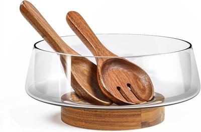Amazon.com | KITEISCAT Extra Large Glass Salad Bowl Set - Party Salad Bowls with Acacia Wood Base and Serving Utensils - Elegant and Practical Kitchen