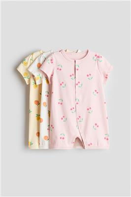 Light pink/Cherries 3-pack short cotton sleepsuits for kids | H&M IN