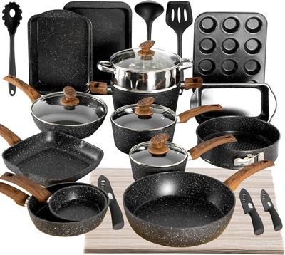 Kitchen Academy Bakeware and Cookware Set, 30 Piece Non-Stick Pots and Pans Set, Induction Pan Set, Granite Non-Stick Saucepan Set (Black) : Amazon.co