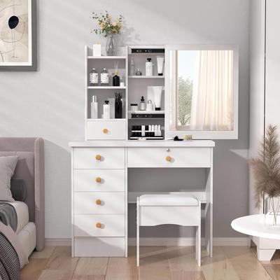 tekrabea Dressing Table with 6 Drawers, Vanity Desk with Mirror, Storage Shelves and Stool, Makeup Desk for Bedroom, Modern Makeup Table with Mirror a
