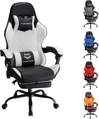 play haha Gaming Chair Ergonomic Reclining Seat With Footrest Adjustable Headrest And Lumbar Cushion High Back Support Padded Armrests Faux Leather Fi