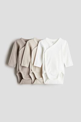 Light beige/white 3-pack Ribbed Wrapover Bodysuits for kids | H&M US