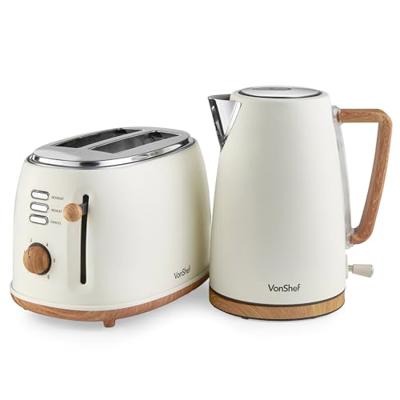 VonShef Kettle and Toaster Set – Scandi 1.7L Rapid Boil Kettle 3000W & 2 Slice Wide Slot Toaster 850W with 6 Browning Controls, Matching Kitchen Set –