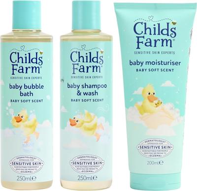 Childs Farm Baby Regime Bundle | Bubble Bath (250ml), Shampoo & Body Wash (250ml) and Body Moisturiser (200ml) | Baby Soft Scent | Suitable for Newbor