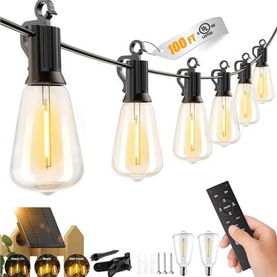 Brightown 100FT Solar String Lights Outdoor Waterproof with Remote, 31 2 LED Shatterproof Bulbs, Dimmable & Timable, 3 Light Modes - Commercial Grade