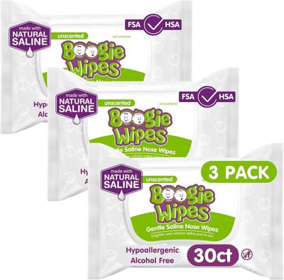 Amazon.com: Boogie Wipes, Saline Wipes for Baby & Kids, Nose Booger Wipes for Allergy Relief, Face, Hand & Body, Made with Vitamin E, Aloe and Natural