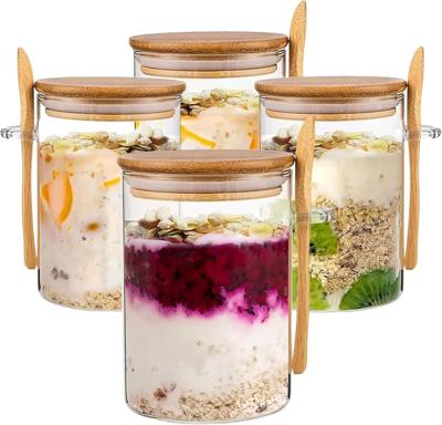 Eidoct 4-Pack Overnight Oats Containers with Wooden Lids and Spoon, 16 oz Overnight Oats Jars, Glass Food Storage Container for Oatmeal, Chia Pudding,