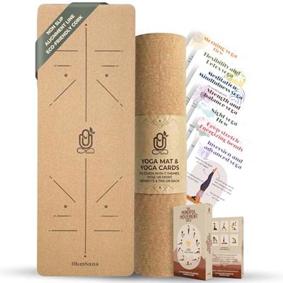 Ohmsana Natural Cork Yoga Mat with Alignment Lines and 55 Instructional Cards in 7 Themes for Beginner - Non-Slip Eco Friendly - 183x66x5mm for Home W