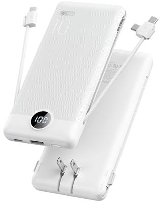 VRURC Portable Charger with Cables and Wall Plug | Power Bank with Cords | 10000mAh Portable Charger with AC Plug | External Battery Pack (Pure White)