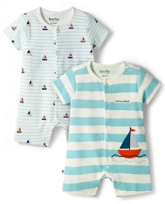 Buy Bonfino 100% Cotton Knit Half Sleeves Boat Printed & Striped Front Open Rompers Pack Of 2 - Multicolor for Boys (0undefined3undefined) Online in I