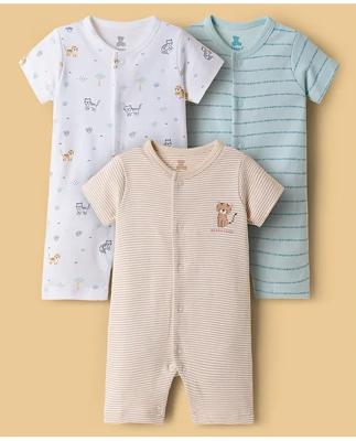 Buy I Bears Interlock Knit Half Sleeves Striped & Animal Printed Front Open Rompers Pack of 3 - Peach Light Blue & White for Both (1undefined3undefine