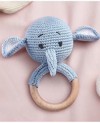 Bonfino Handmade Crochet Wooden Elephant Rattle |Crochet Rattle Toy for Newborns |Natural Wool Sensory Toy for Kids | Safe & Non Toxic | BIS Certified