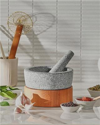 Granite Mortar and Pestle with Beechwood Base | CookDineHost