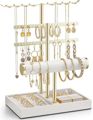 Amazon.com: VLANDO 3 Tier Jewelry Stand Organizer with Tary, Leather Jewelry Holder Display for Women, Gold Jewlery Holder Display for Necklace, Earri