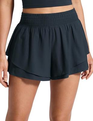 CRZ YOGA Drapey Double Ruffles Athletic Shorts for Women 2.5 - High Waisted Flowy Tennis Workout Running Tiered Skorts True Navy Small